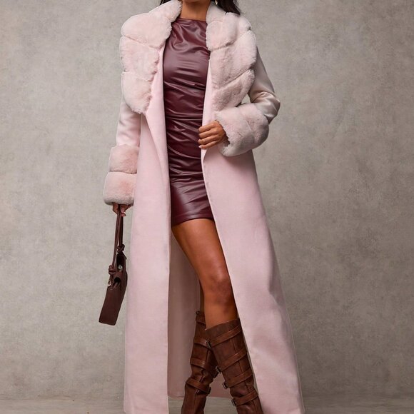 Dusty Pink Elegant Women's Faux Fur Shawl Collar Long Sleeve Coat - Picture 4 of 7